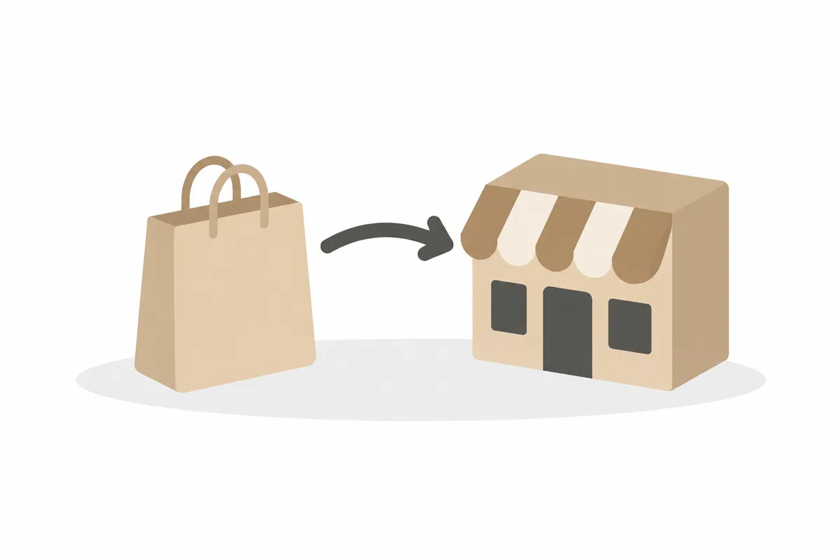 手提げ袋と店舗のイラスト