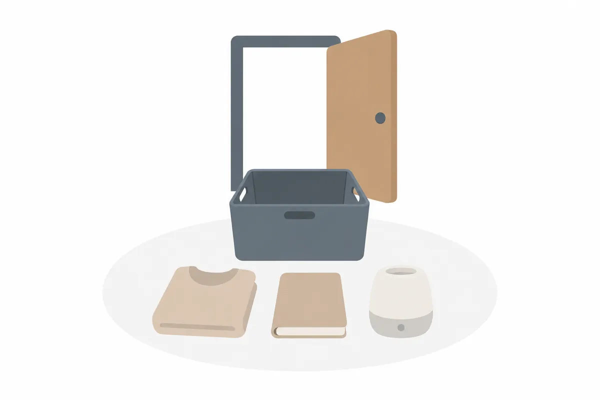 玄関の扉の前に置かれたコンテナと品物のイラスト