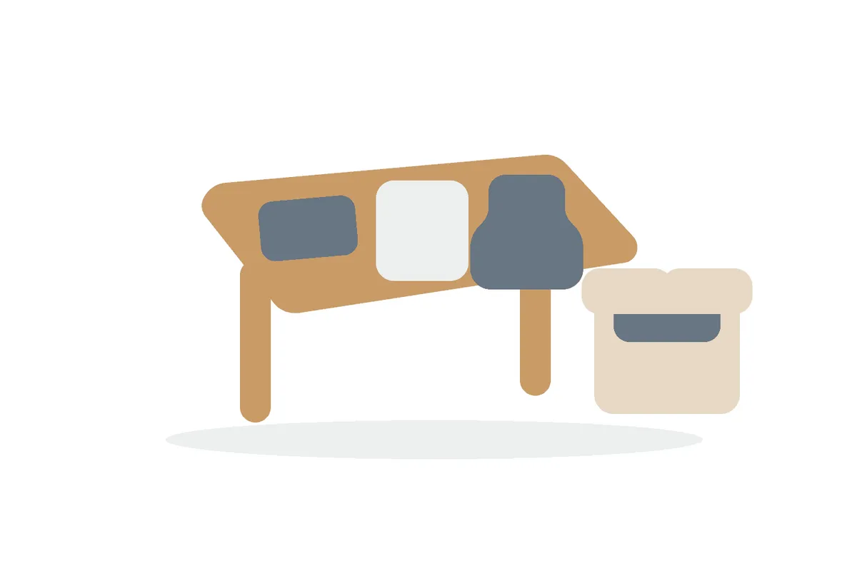 机の上に品物と空の段ボール箱が置かれているイラスト
